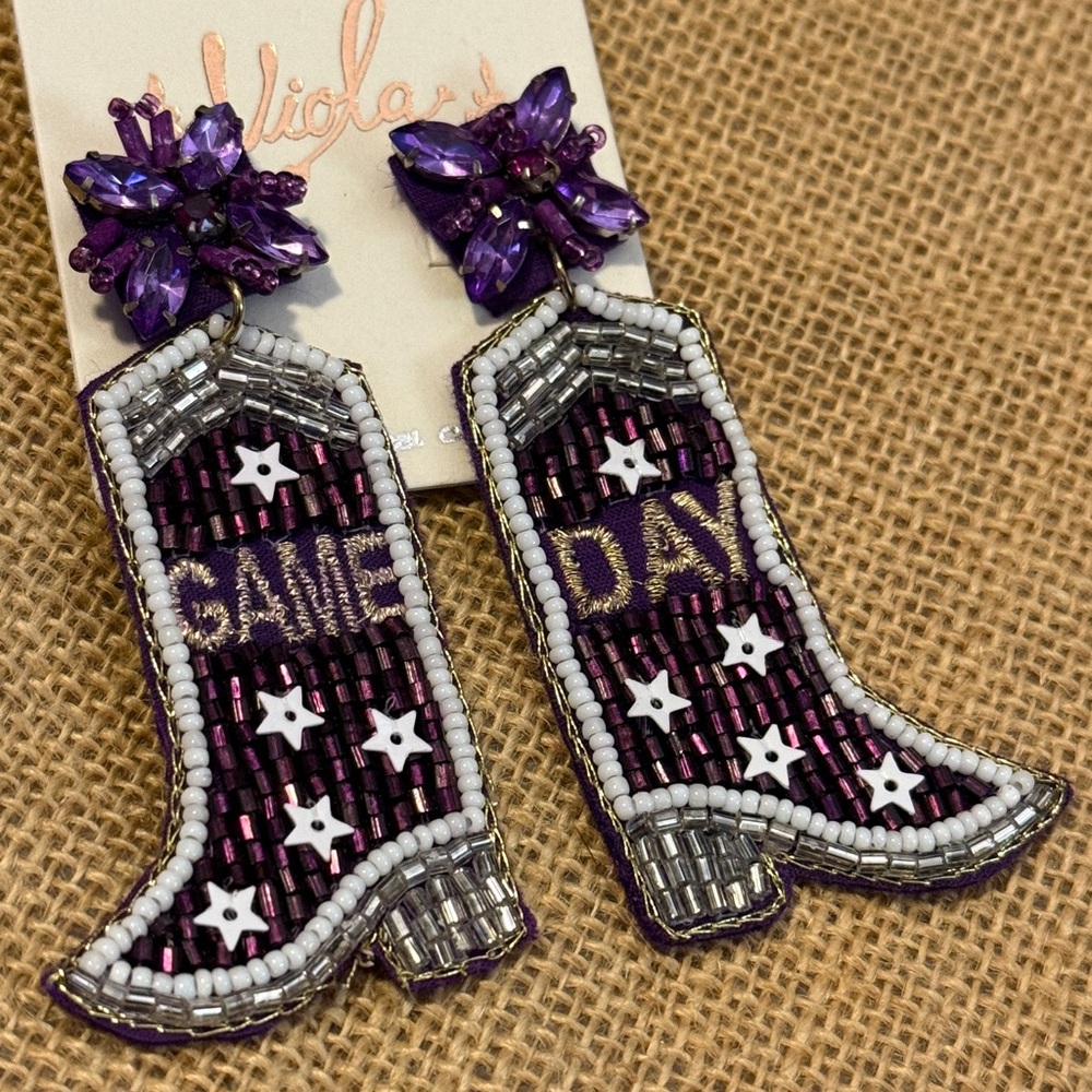 🌻 Viola Purple and Silver Beaded Game Day Cowgirl Boot Dangle Earrings - Picture 2 of 3